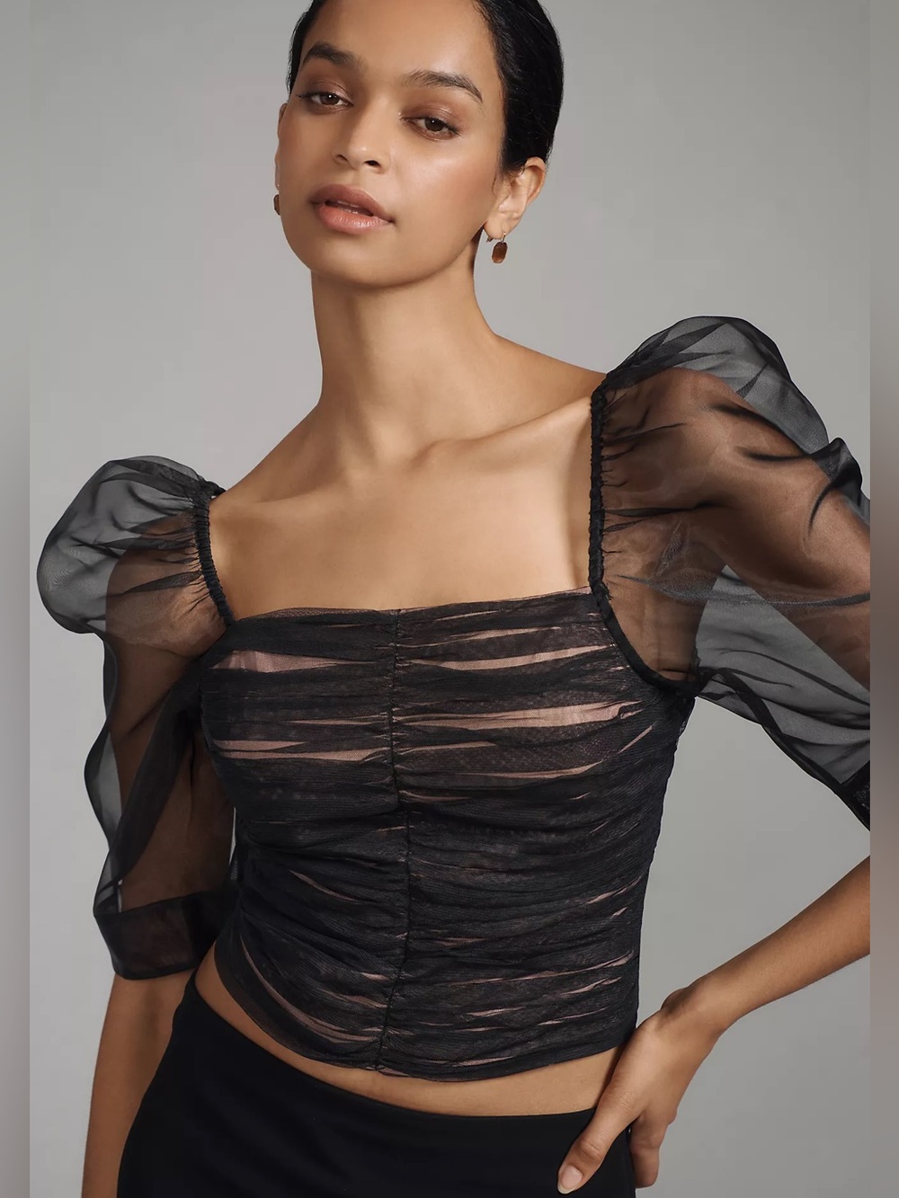 Maeve Puff-Sleeve Embellished Tulle Top In Black Size L - Picture 1 of 7